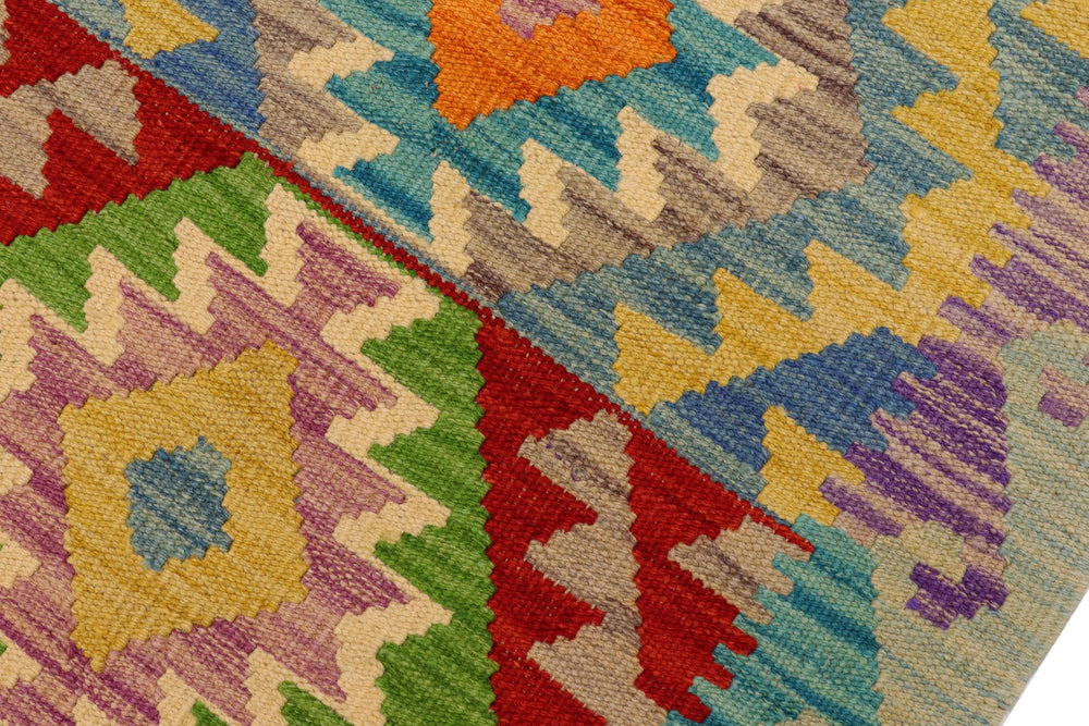 handmade Geometric Kilim Blue Red Hand-Woven RECTANGLE 100% WOOL area rug 3 x 5
