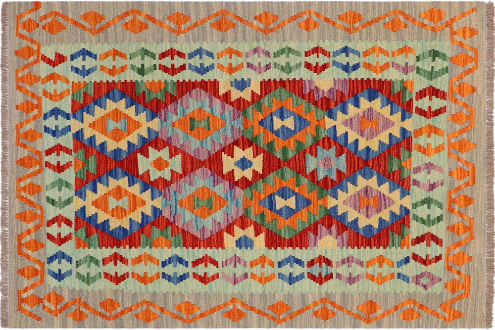 handmade Geometric Kilim Rust Gray Hand-Woven RECTANGLE 100% WOOL area rug 4 x 5