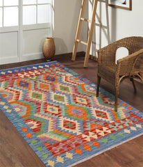 handmade Geometric Kilim Blue Rust Hand-Woven RECTANGLE 100% WOOL area rug 4 x 5