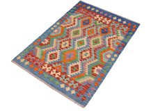 handmade Geometric Kilim Blue Rust Hand-Woven RECTANGLE 100% WOOL area rug 4 x 5
