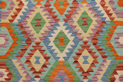 Flat Weave Kilim Antique Navaho Vintage handmade Geometric Kilim Blue Rust Hand-Woven Rectangle 100% Wool Area Rug 4x5 