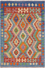 Flat Weave Kilim Antique Navaho Vintage handmade Geometric Kilim Blue Rust Hand-Woven Rectangle 100% Wool Area Rug 4x5 