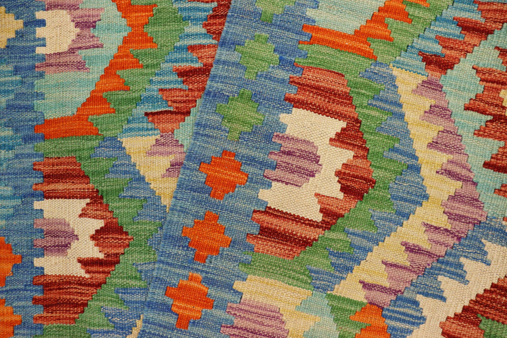 handmade Geometric Kilim Blue Rust Hand-Woven RECTANGLE 100% WOOL area rug 4 x 5
