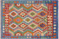 handmade Geometric Kilim Blue Rust Hand-Woven RECTANGLE 100% WOOL area rug 4 x 5