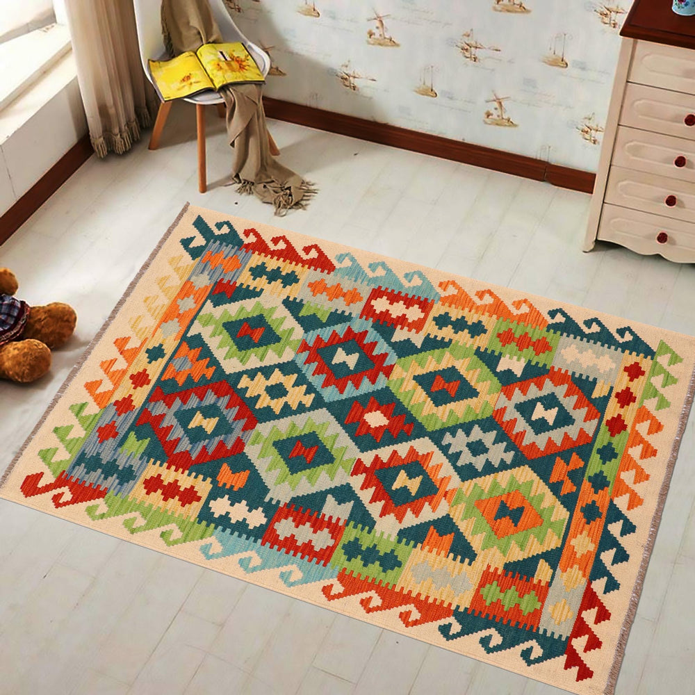 handmade Geometric Kilim Green Rust Hand-Woven RECTANGLE 100% WOOL area rug 3 x 5