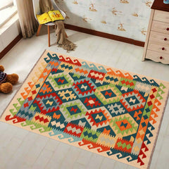handmade Geometric Kilim Green Rust Hand-Woven RECTANGLE 100% WOOL area rug 3 x 5