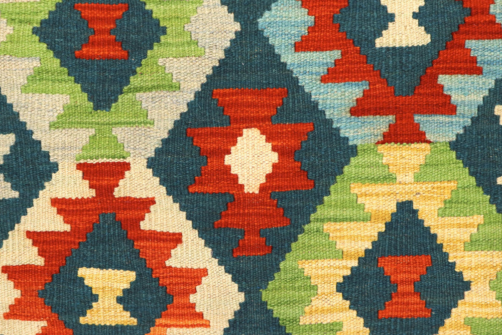 handmade Geometric Kilim Green Rust Hand-Woven RECTANGLE 100% WOOL area rug 3 x 5