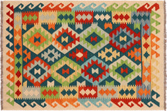 handmade Geometric Kilim Green Rust Hand-Woven RECTANGLE 100% WOOL area rug 3 x 5