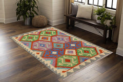 Flat Weave Kilim Antique Navaho Vintage handmade Geometric Kilim Rust Gray Hand-Woven Rectangle 100% Wool Area Rug 3x5 