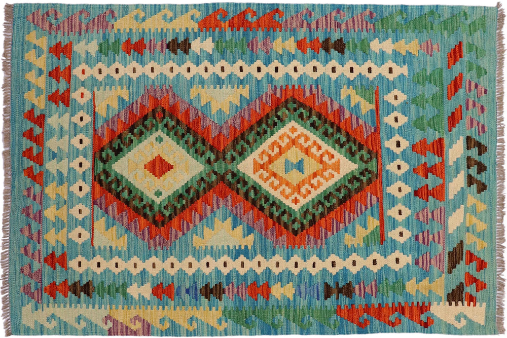 handmade Geometric Kilim Rust Blue Hand-Woven RECTANGLE 100% WOOL area rug 3' x 5'