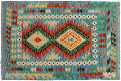 handmade Geometric Kilim Rust Blue Hand-Woven RECTANGLE 100% WOOL area rug 3' x 5'