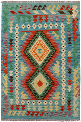 Flat Weave Kilim Antique Navaho Vintage handmade Geometric Kilim Rust Blue Hand-Woven Rectangle 100% Wool Area Rug 3x5 