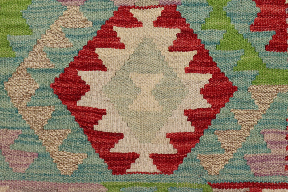 handmade Geometric Kilim Blue Red Hand-Woven RECTANGLE 100% WOOL area rug 3' x 4'