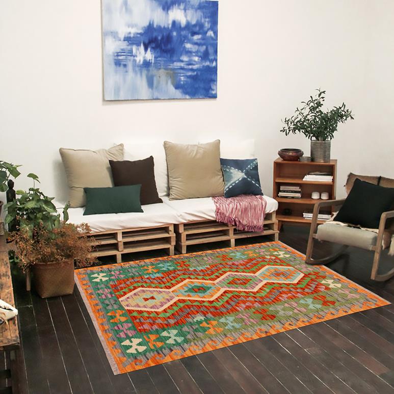 Flat Weave Kilim Antique Navaho Vintage handmade Geometric Kilim Rust Green Hand-Woven Rectangle 100% Wool Area Rug 4x5 