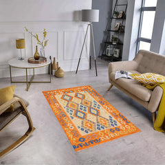 handmade Geometric Kilim Blue Orange Hand-Woven RECTANGLE 100% WOOL area rug 4 x 5