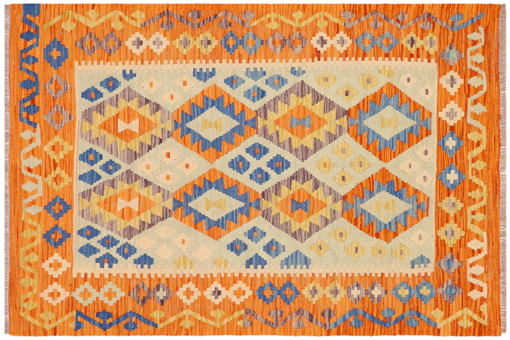 handmade Geometric Kilim Blue Orange Hand-Woven RECTANGLE 100% WOOL area rug 4 x 5