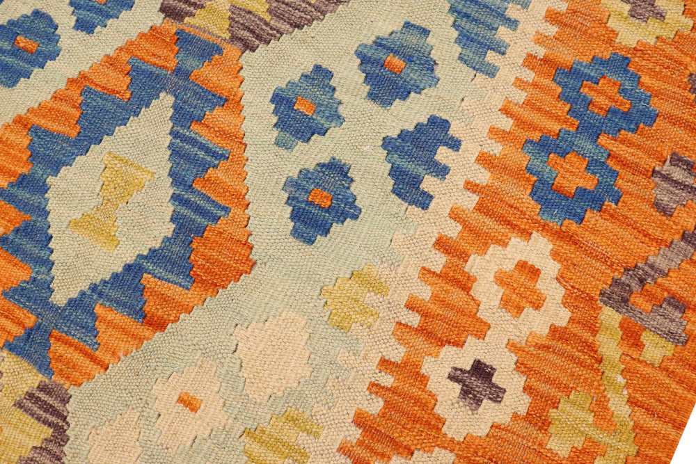 handmade Geometric Kilim Blue Orange Hand-Woven RECTANGLE 100% WOOL area rug 4 x 5