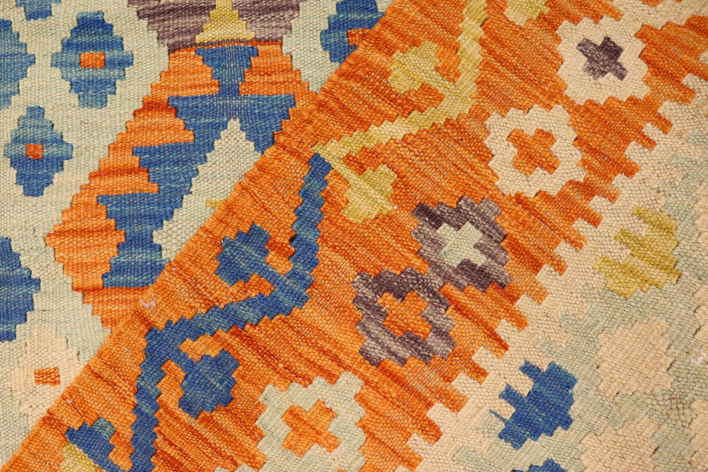 handmade Geometric Kilim Blue Orange Hand-Woven RECTANGLE 100% WOOL area rug 4 x 5