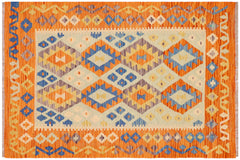 handmade Geometric Kilim Blue Orange Hand-Woven RECTANGLE 100% WOOL area rug 4 x 5