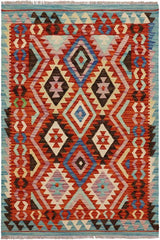 Flat Weave Kilim Antique Navaho Vintage handmade Geometric Kilim Rust Blue Hand-Woven Rectangle 100% Wool Area Rug 3x5 