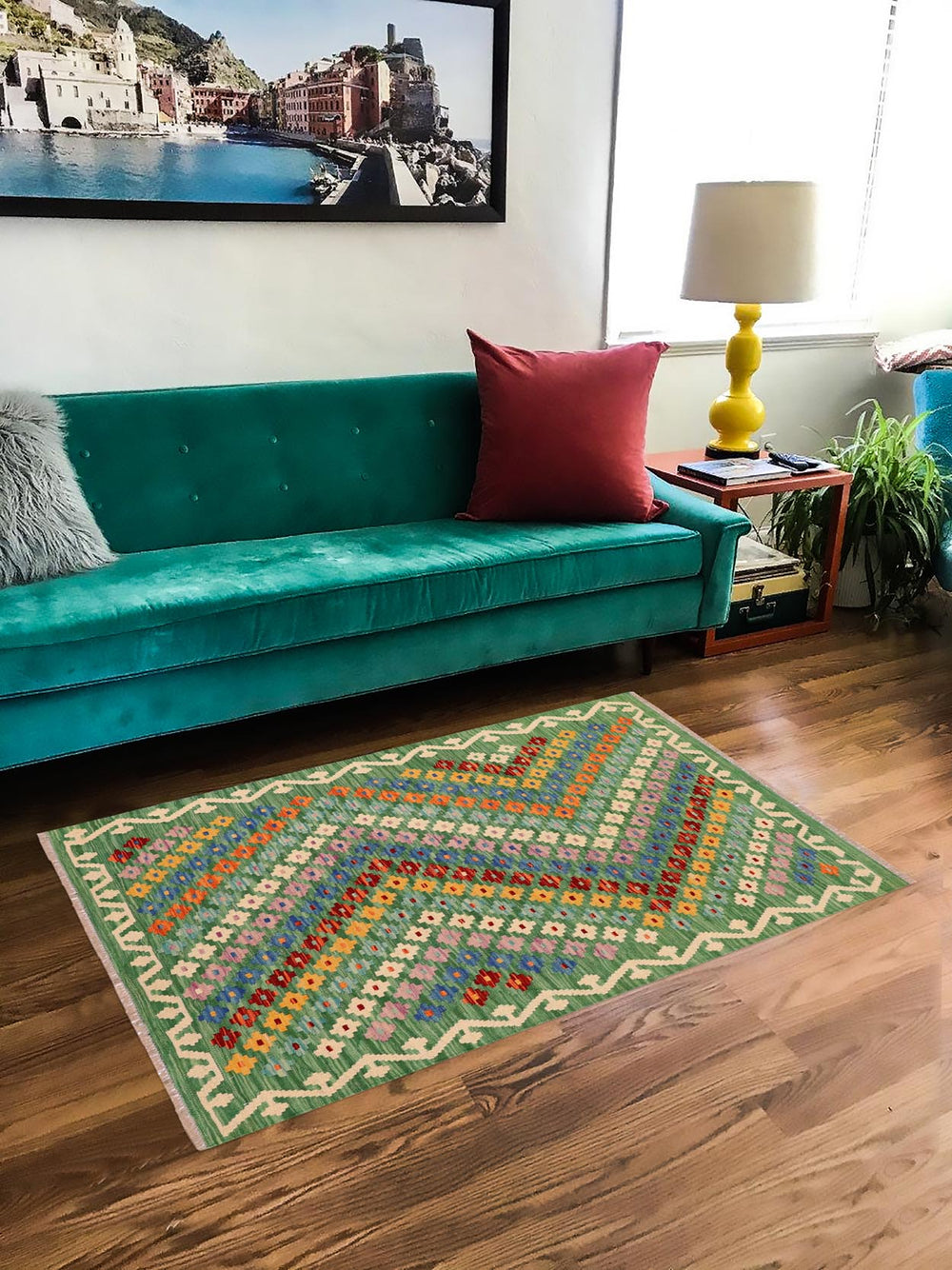 handmade Modern Kilim Green Rust Hand-Woven RECTANGLE 100% WOOL area rug 4x5