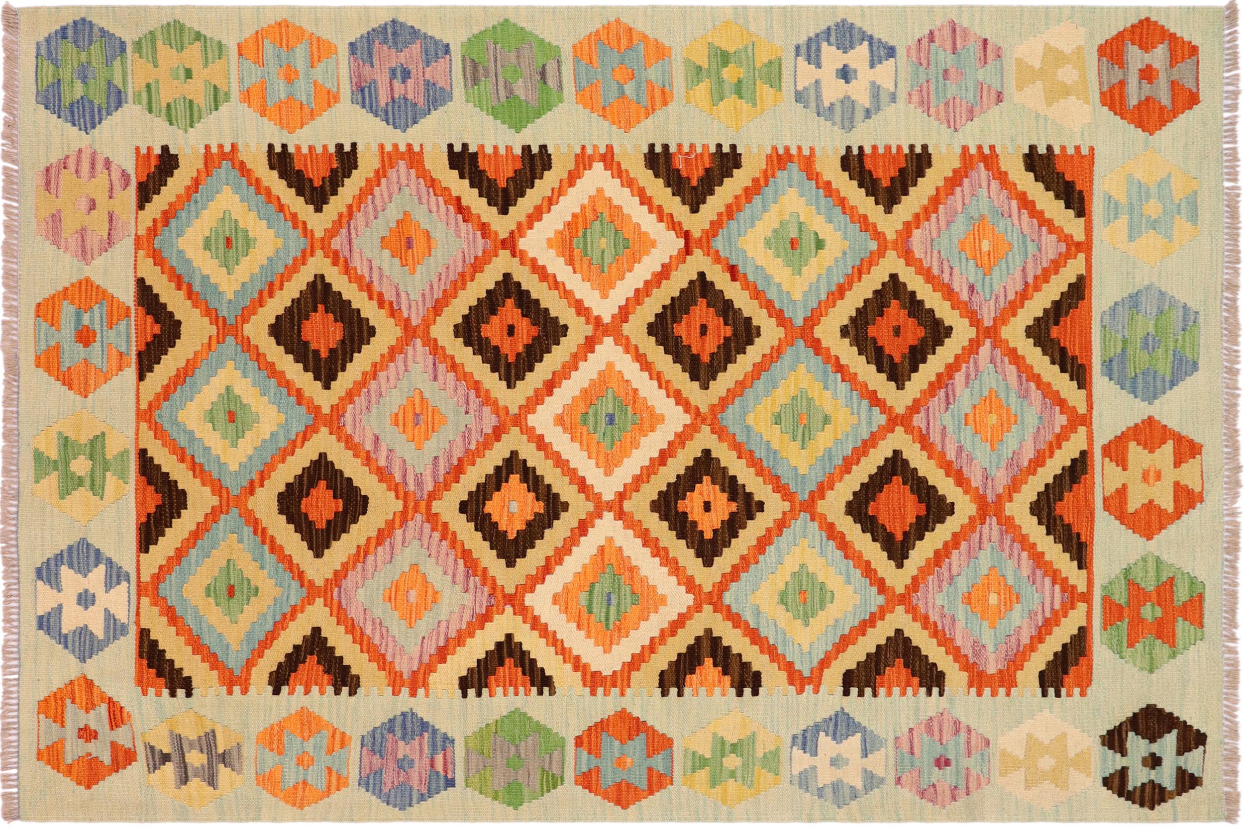 handmade Geometric Kilim Rust Blue Hand-Woven RECTANGLE 100% WOOL area rug 4 x 6
