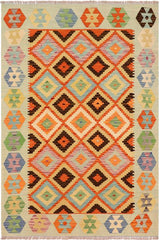 Flat Weave Kilim Antique Navaho Vintage handmade Geometric Kilim Rust Blue Hand-Woven Rectangle 100% Wool Area Rug 4x6 