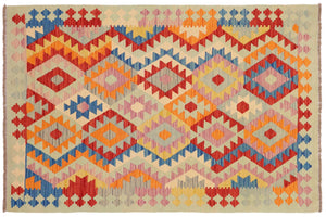 handmade Geometric Kilim Red Blue Hand-Woven RECTANGLE 100% WOOL area rug 4 x 6