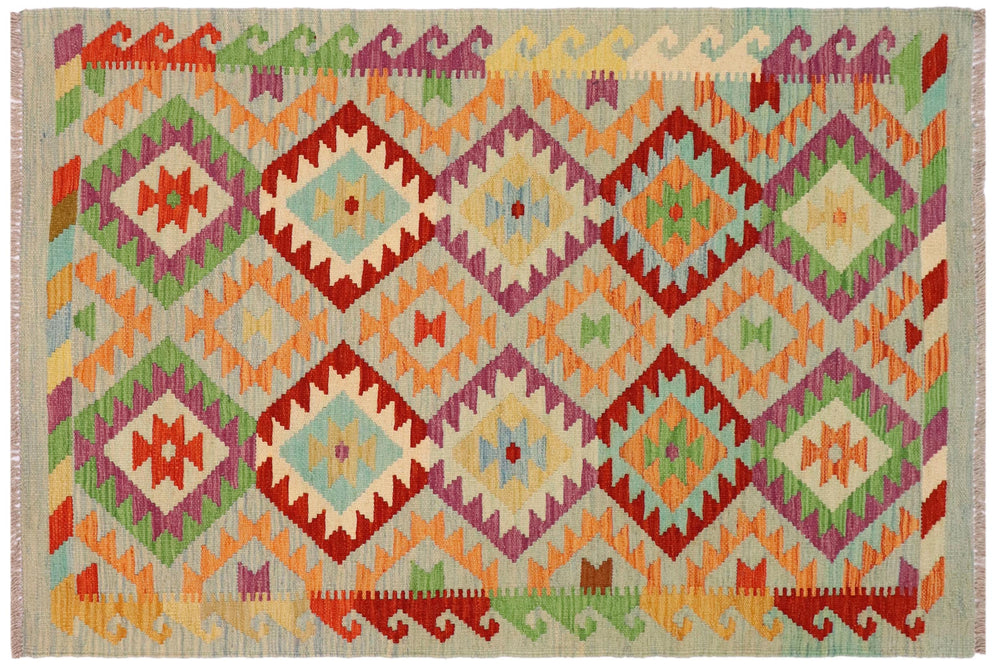 handmade Geometric Kilim Blue Rust Hand-Woven RECTANGLE 100% WOOL area rug 3 x 5