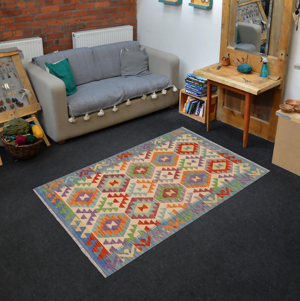 handmade Geometric Kilim Beige Blue Hand-Woven RECTANGLE 100% WOOL area rug 3 x 5