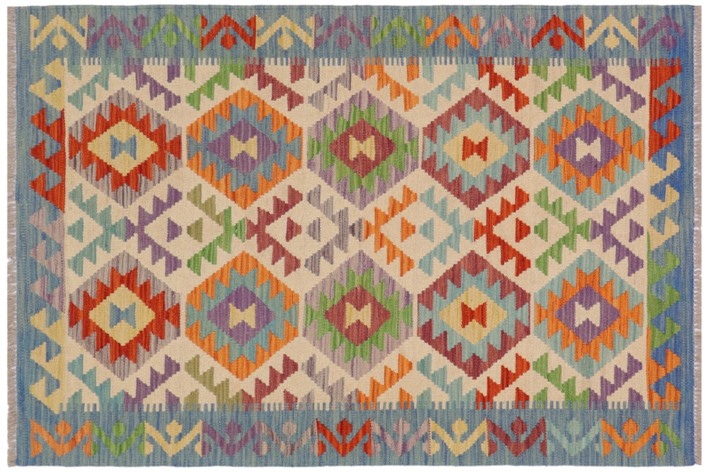 handmade Geometric Kilim Beige Blue Hand-Woven RECTANGLE 100% WOOL area rug 3 x 5