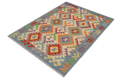 Flat Weave Kilim Antique Navaho Vintage handmade Geometric Kilim Beige Blue Hand-Woven Rectangle 100% Wool Area Rug 3x5 