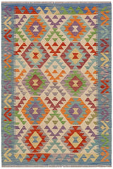 Flat Weave Kilim Antique Navaho Vintage handmade Geometric Kilim Beige Blue Hand-Woven Rectangle 100% Wool Area Rug 3x5 