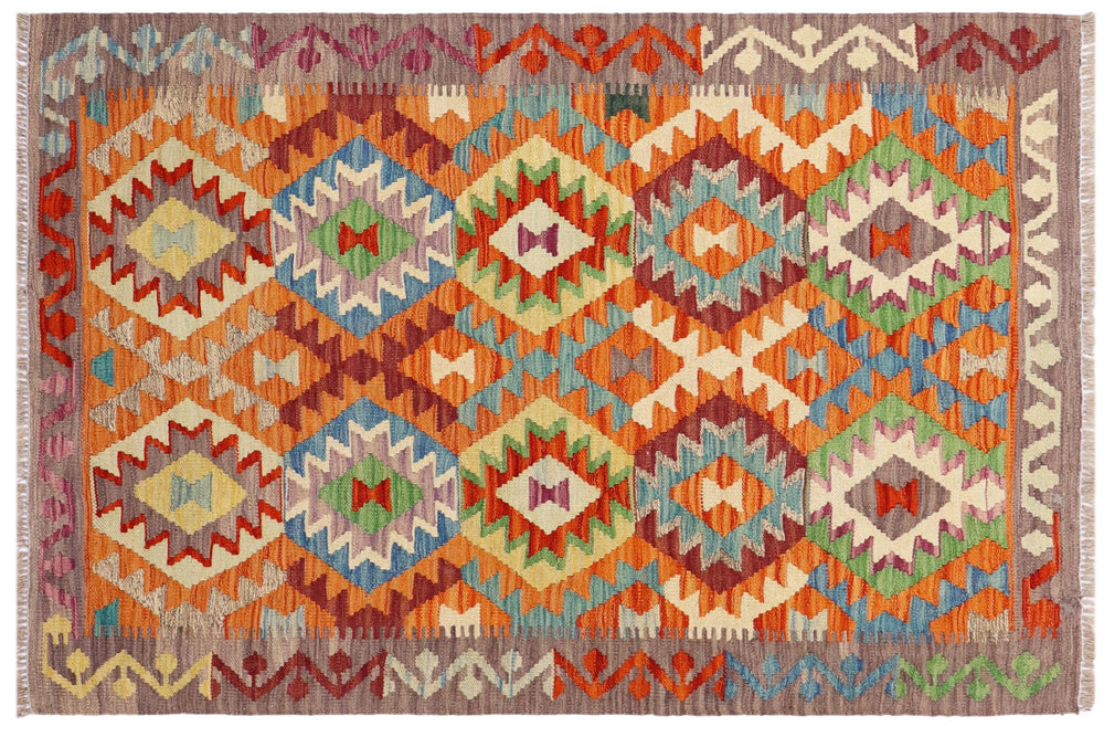 handmade Geometric Kilim Rust Purple Hand-Woven RECTANGLE 100% WOOL area rug 4 x 5