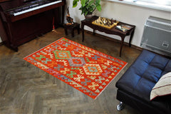 Flat Weave Kilim Antique Navaho Vintage handmade Geometric Kilim Rust Blue Hand-Woven Rectangle 100% Wool Area Rug 3x4 