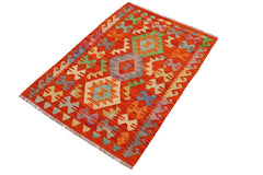 Flat Weave Kilim Antique Navaho Vintage handmade Geometric Kilim Rust Blue Hand-Woven Rectangle 100% Wool Area Rug 3x4 