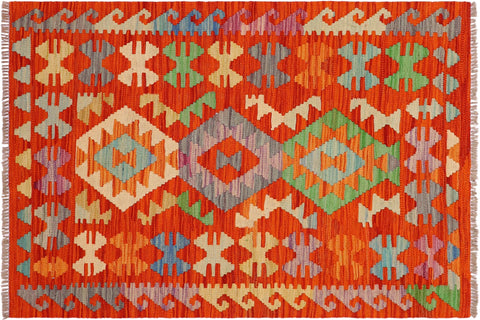 handmade Geometric Kilim Rust Blue Hand-Woven RECTANGLE 100% WOOL area rug 3' x 4'