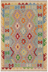 Flat Weave Kilim Antique Navaho Vintage handmade Geometric Kilim Blue Beige Hand-Woven Rectangle 100% Wool Area Rug 4x6 