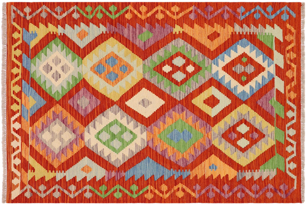 handmade Geometric Kilim Rust Blue Hand-Woven RECTANGLE 100% WOOL area rug 3 x 5