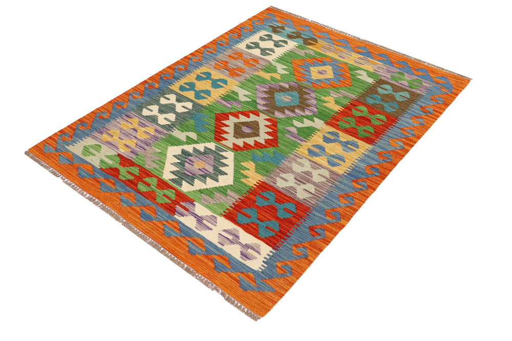 handmade Geometric Kilim Green Rust Hand-Woven RECTANGLE 100% WOOL area rug 3' x 5'