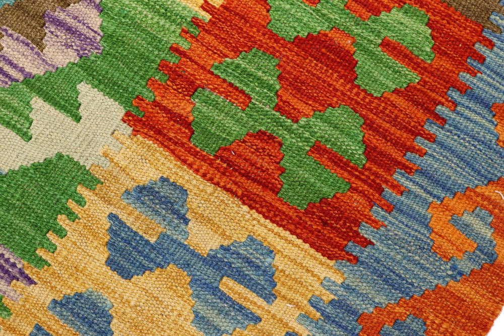 handmade Geometric Kilim Green Rust Hand-Woven RECTANGLE 100% WOOL area rug 3' x 5'
