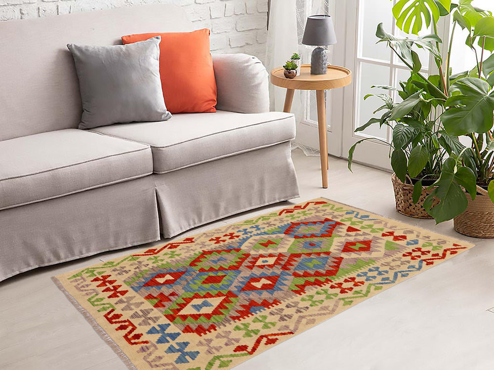 handmade Geometric Kilim Rust Beige Hand-Woven RECTANGLE 100% WOOL area rug 4 x 5