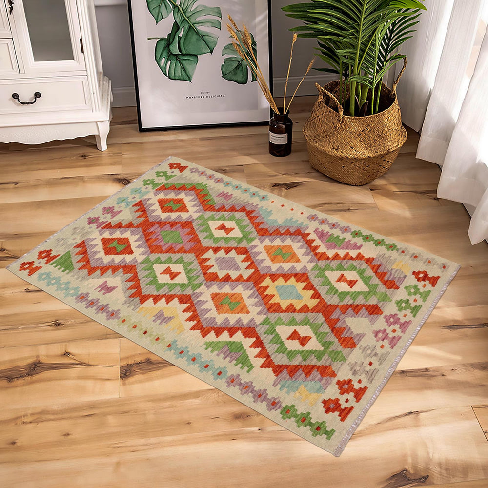 handmade Geometric Kilim Rust Blue Hand-Woven RECTANGLE 100% WOOL area rug 3 x 5