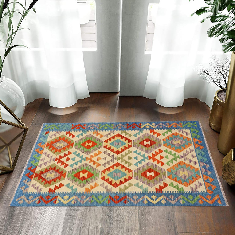 handmade Geometric Kilim Beige Blue Hand-Woven RECTANGLE 100% WOOL area rug 3 x 5