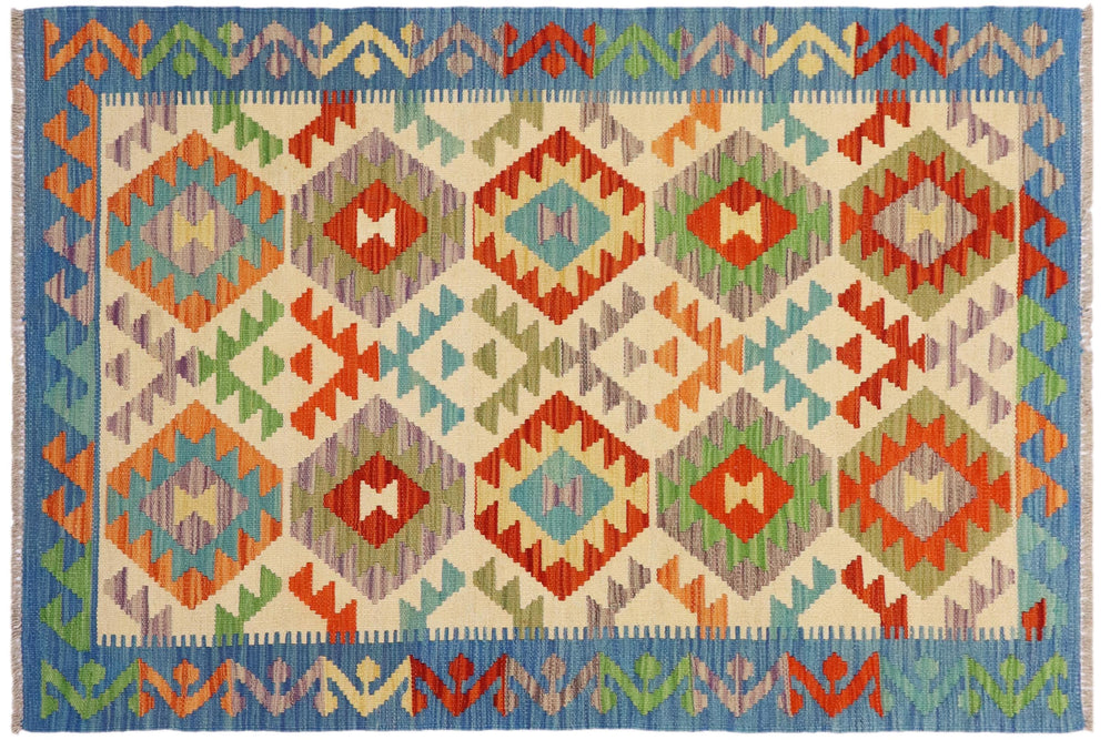 handmade Geometric Kilim Beige Blue Hand-Woven RECTANGLE 100% WOOL area rug 3 x 5