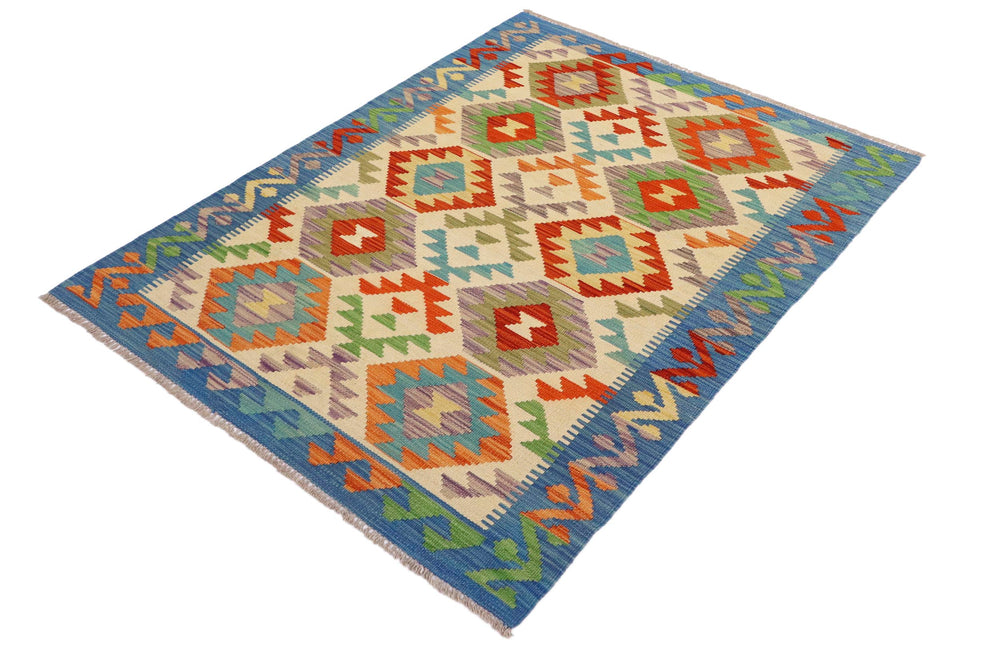 handmade Geometric Kilim Beige Blue Hand-Woven RECTANGLE 100% WOOL area rug 3 x 5