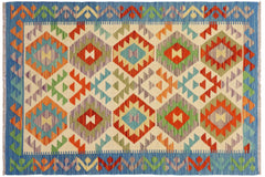 handmade Geometric Kilim Beige Blue Hand-Woven RECTANGLE 100% WOOL area rug 3 x 5