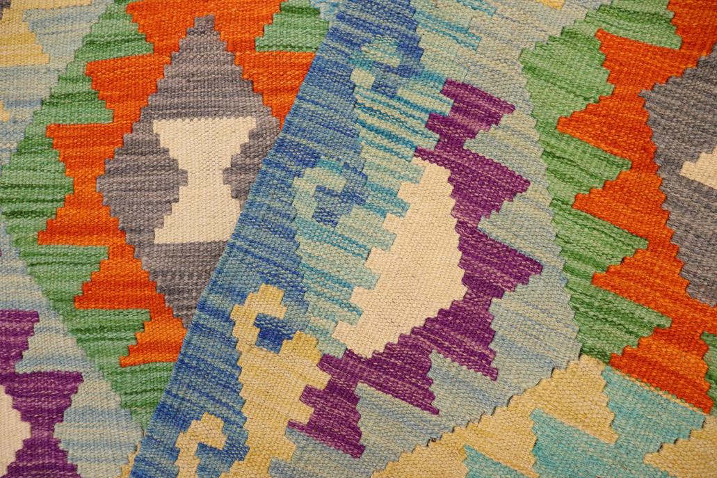 Flat Weave Kilim Antique Navaho Vintage handmade Geometric Kilim Blue Rust Hand-Woven Rectangle 100% Wool Area Rug 3x5 