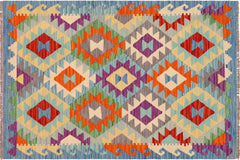 handmade Geometric Kilim Blue Rust Hand-Woven RECTANGLE 100% WOOL area rug 3 x 5