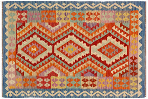 handmade Geometric Kilim Rust Blue Hand-Woven RECTANGLE 100% WOOL area rug 4' x 6'